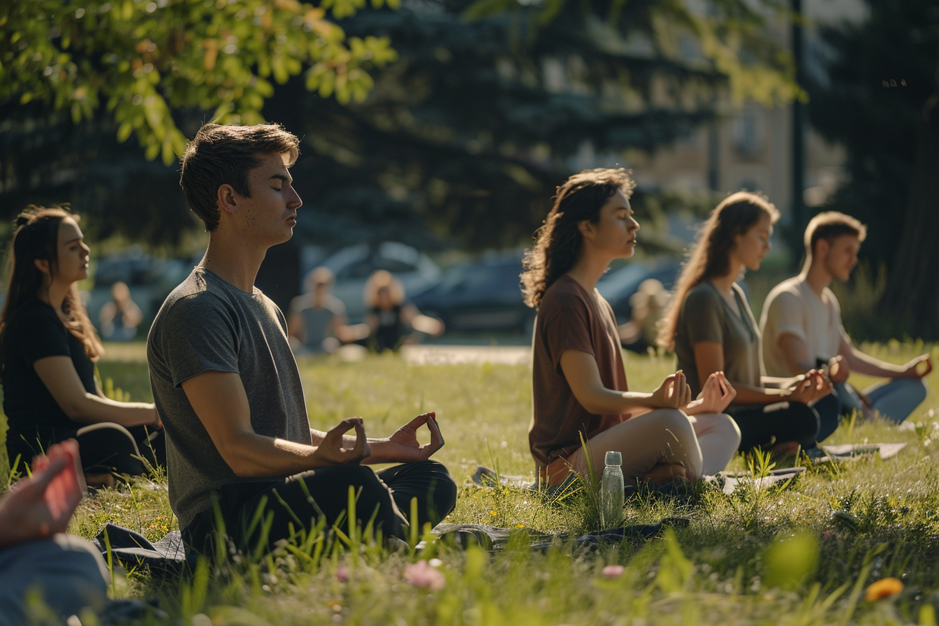 Groupe de personnes méditant ensemble dans un parc baigné de soleil. Participants assis en cercle sur l'herbe verte, yeux fermés, expressions détendues