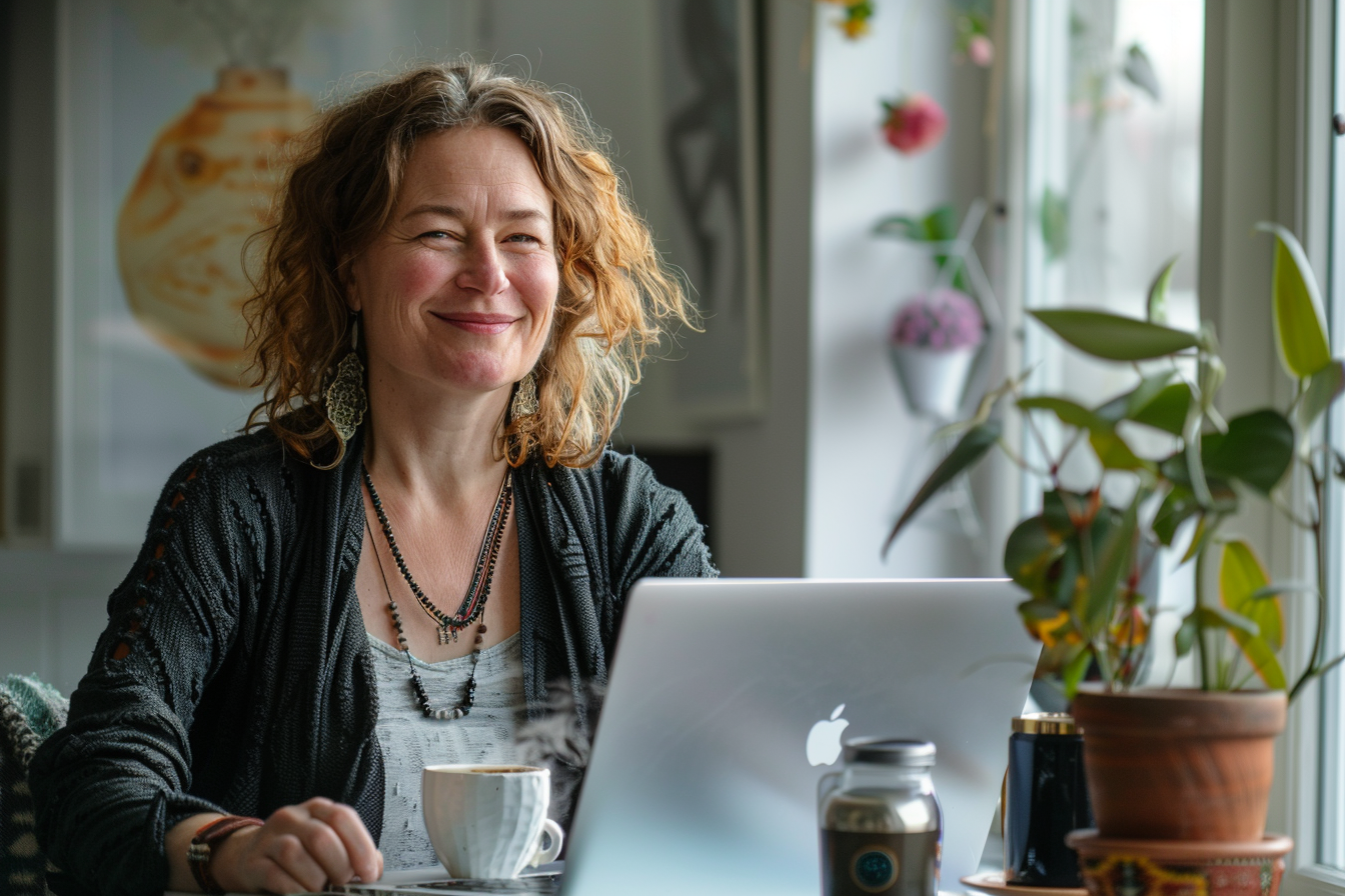 Femme souriante et détendue après sa séance de méditation, assise à son bureau de travail.