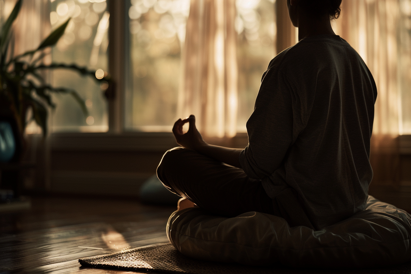 Gros plan sur une personne méditant seule à domicile. Sujet assis en tailleur sur un coussin de méditation, mains posées sur les genoux. Lumière douce filtrant par une fenêtre, créant une ambiance sereine et intime.