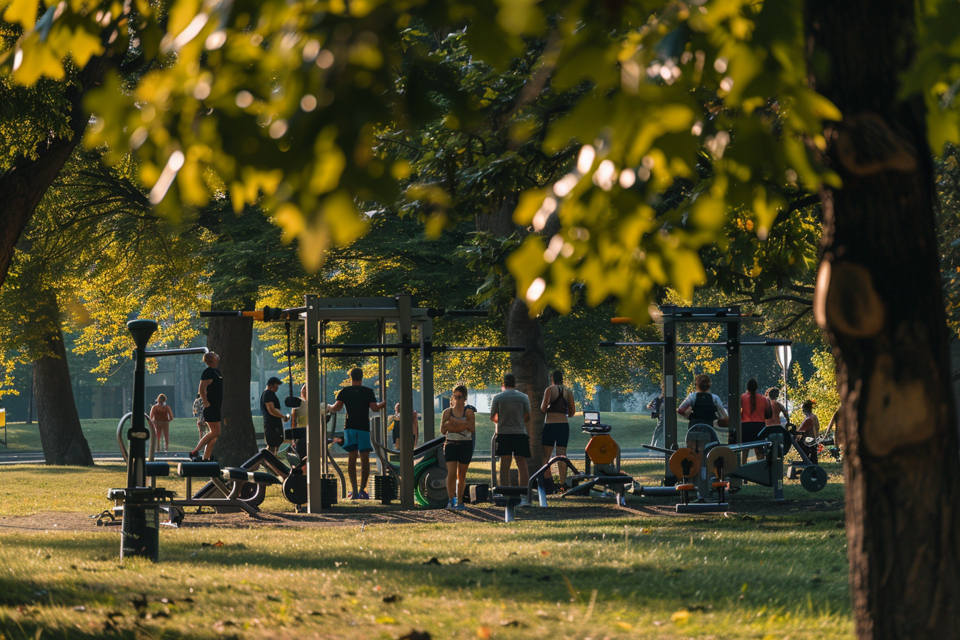 Des citadins de tous âges s'entraînent ensemble sur des équipements de fitness en plein air, illustrant l'accessibilité et les bienfaits sociaux du sport.