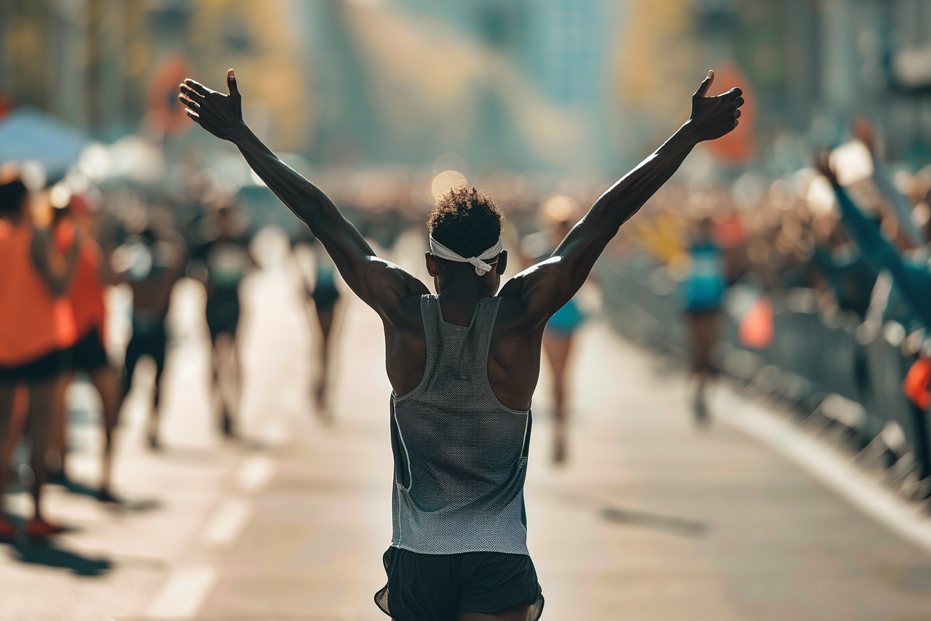 Un coureur franchit triomphalement la ligne d'arrivée d'un marathon, symbolisant l'accomplissement personnel et la victoire sur le stress.