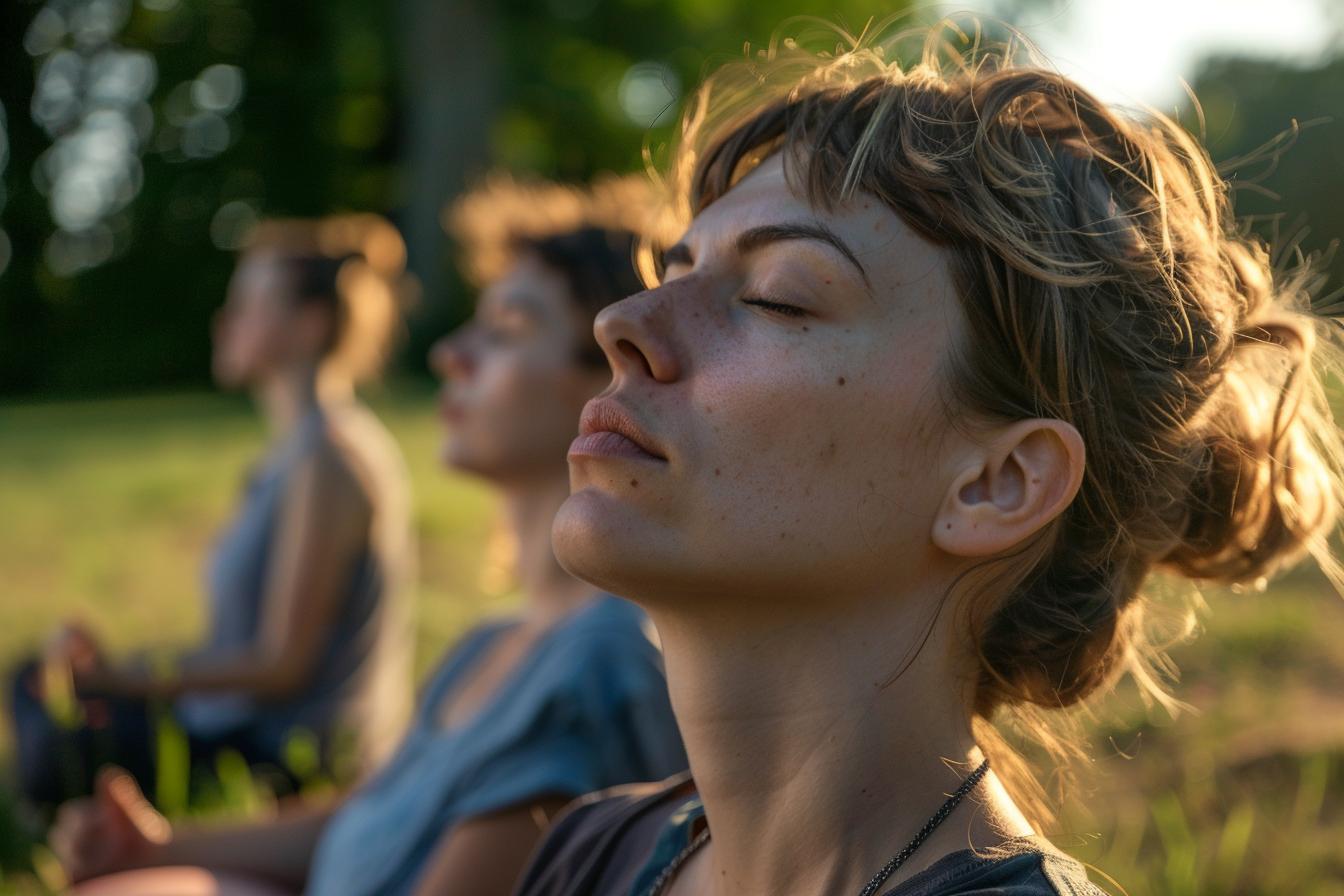 Un groupe diversifié participant à une séance collective de gestion du stress en plein air, montrant l'aspect pratique et accessible de la TCC
