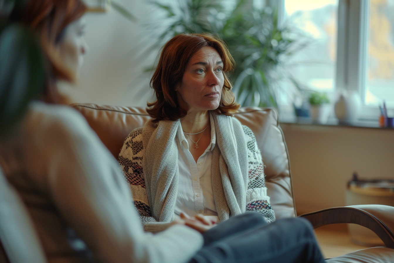 Un professionnel de santé mentale en pleine séance avec un patient, illustrant l'approche empathique de la TCC dans un environnement rassurant
